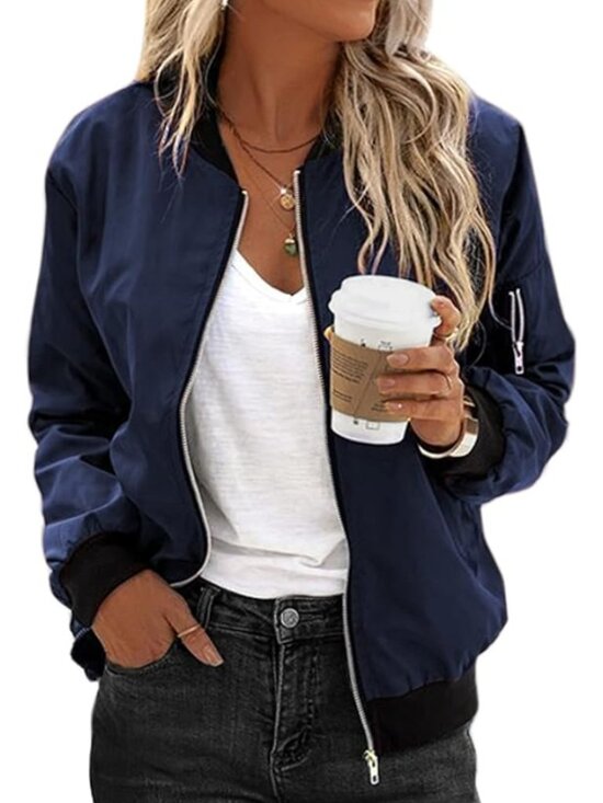 Jackets & Blazers - Women's Bomber Jacket Lightweight Jacket Zip Up Coat Bomber Jacket Navy Blue